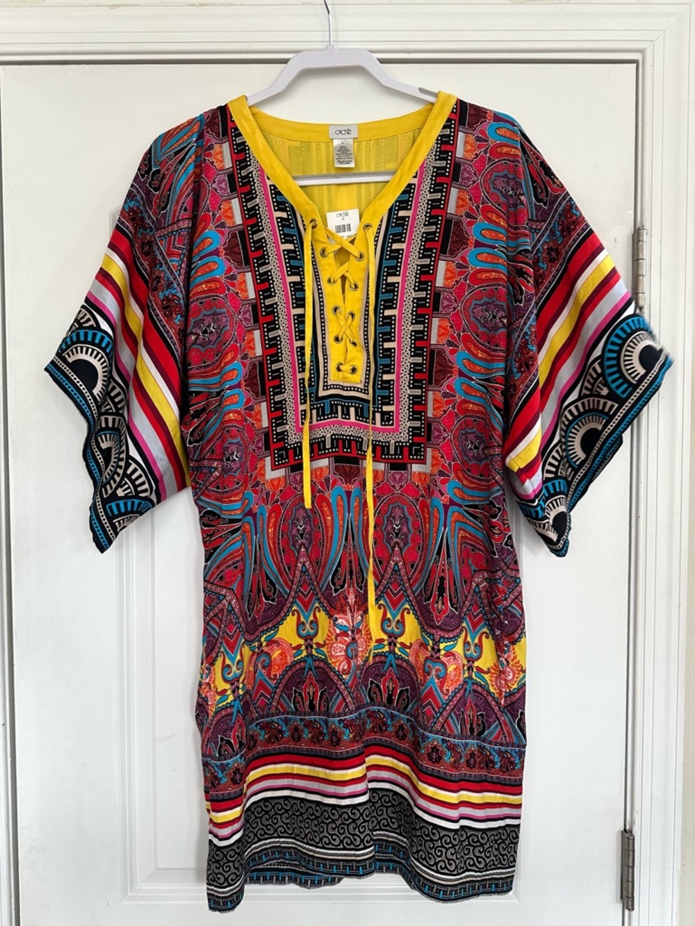 NWT Cache Silk Tunic Mini Dress Lace Front Kimono Sleeves Tribal Paisley Small
